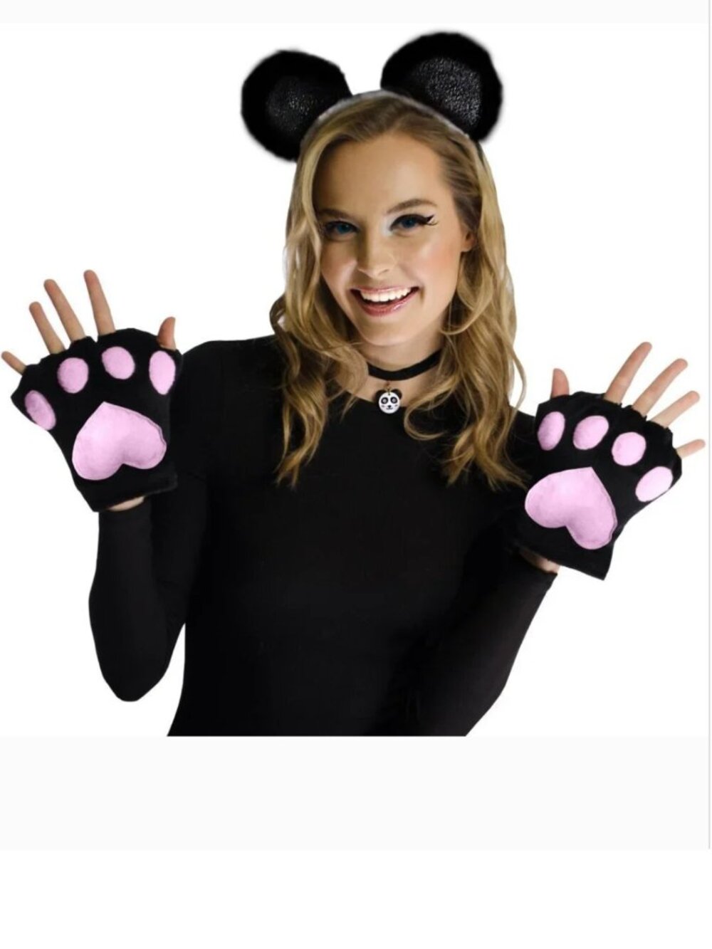 Panda Bear Kit Black Pink Headband Choker 4 Pc Halloween Costume Accessory 14+